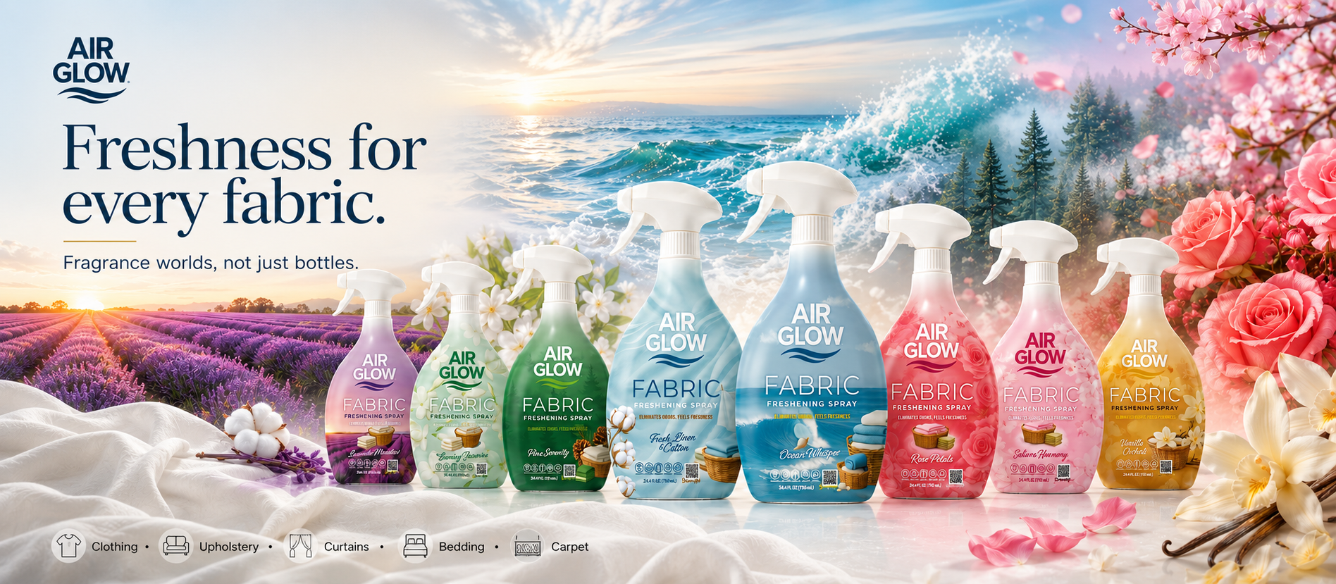 AirGlow fabric freshening spray collection in fragrance worlds